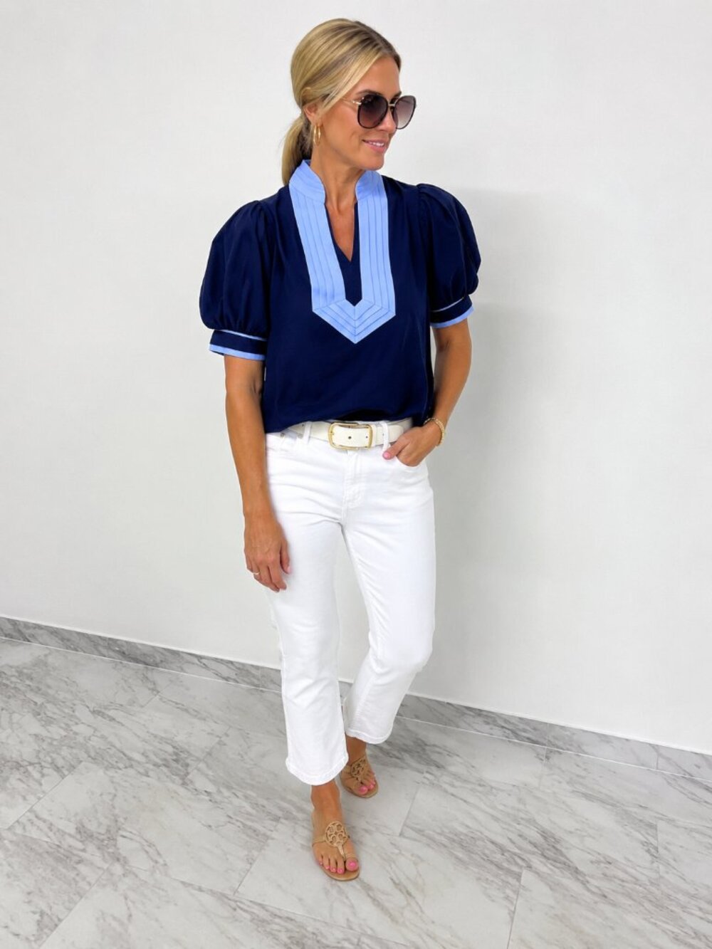 Navy Puff Sleeve Top Blue Contrast Trim Women's Small NWOT Coastal Preppy